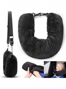 可填充旅行枕，适合作为额外行李携带，柔软天鹅绒旅行颈枕，带收纳袋，颈部尺寸可调节，多功能可折叠枕头，适合飞机旅行、露营装备、露营必备品 - 彩色 - 查看 1