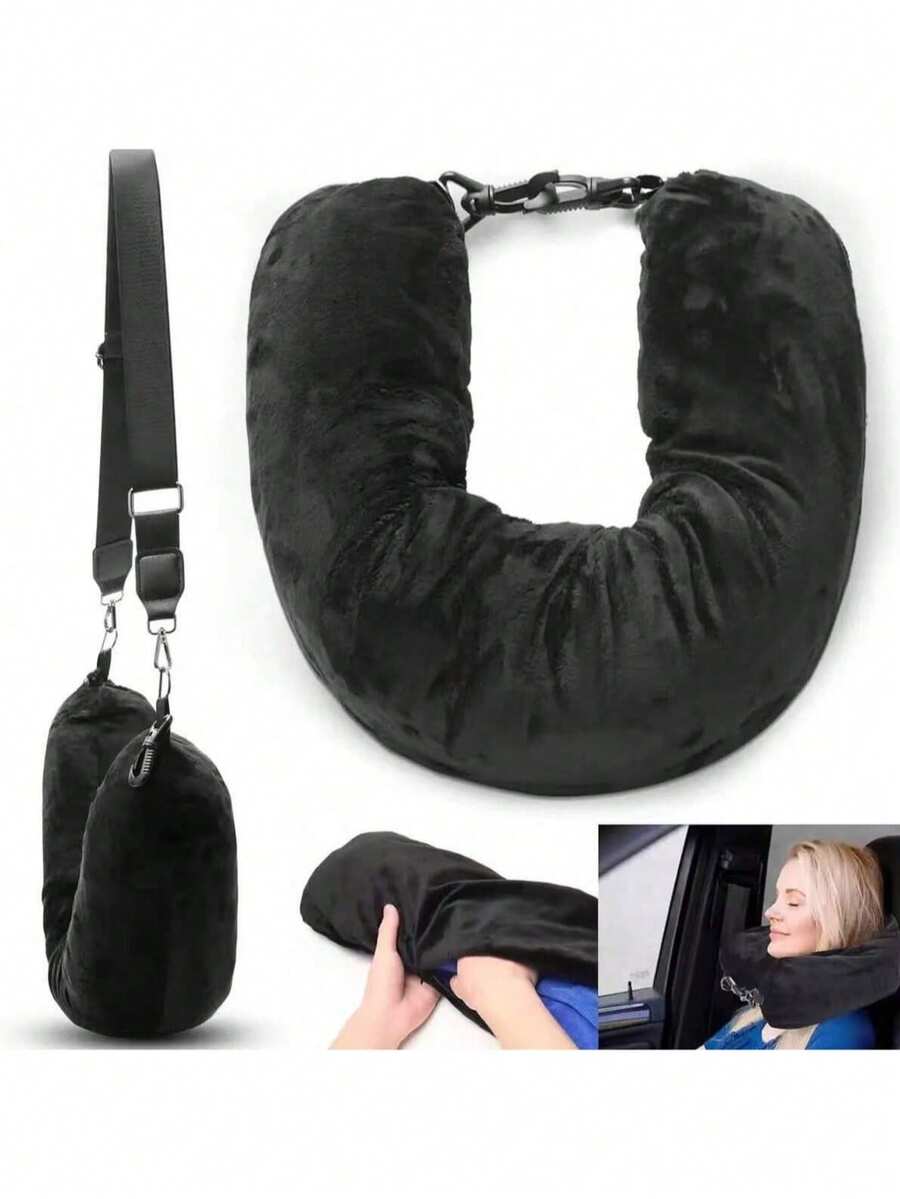 可填充旅行枕，适合作为额外行李携带，柔软天鹅绒旅行颈枕，带收纳袋，颈部尺寸可调节，多功能可折叠枕头，适合飞机旅行、露营装备、露营必备品 - 彩色 - 查看 1