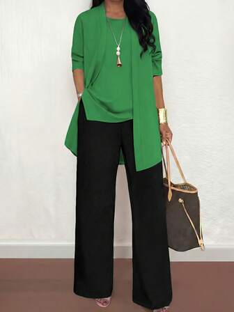 三件套加大码女式休闲纯色套装：外套/开衫 + 圆领无袖上衣 + 松紧腰直筒裤，柔软弹力面料，宽松版型，舒适通勤，适合春/秋/冬季穿着。