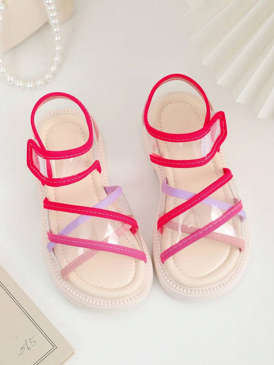 1 Pair Toddler/Kids Colorful Striped Transparent PU Decor Criss-Cross Design Flat Sandals, Roman Style Magic Tape Casual Children Shoes, Non-Slip Rubber Thick Sole, Suitable For Princess Dress, Daily, School, Party, Beach, Spring/Summer 2026 - Pink - View 1