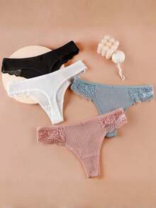 Set Of 4 Women's Cotton Thong Panties With Ribbed Detail And Lace - Nhiều màu - Xem 2