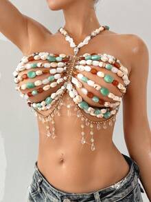 Unisex Sexy Acrylic Crystal Pearl Sequin Body Chain, Shell & Seashell Decor Metal Chain Accessories, Suitable For Party, Beach, Music Festival, Bikini Casual Summer - Green - View 6