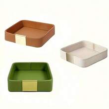 1 pieza Bandeja de almacenamiento de escritorio de lujo de cuero, caja decorativa para joyas, relojes, cosméticos, llaves, teléfono, billetera, accesorio para el hogar y la oficina con tapa deslizante de metal, naranja - Multicolor - Ver 9