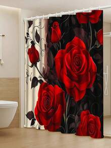 1/3/4 Pcs Red Rose Pattern Bathroom Set, Waterproof Knitted Polyester Curtain With Grommets, Machine Washable, Artistic Theme, Includes Toilet Lid Cover And Bath Mat, 72x72 Inches, With 12 Hooks - Multicolor - View 20