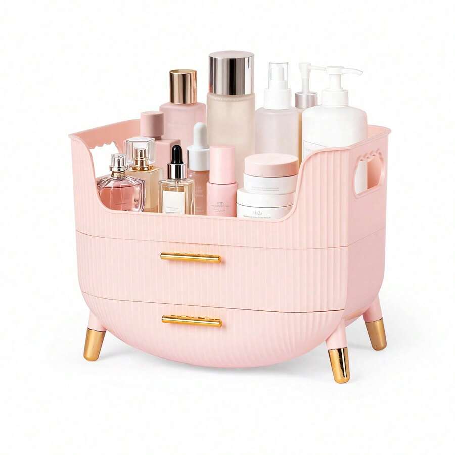 Makeup Organizer With Drawers,Skincare Plastic Storage For Vanity,Large Cosmetic Display Case For Dresser With Handle,Large Capacity Bathroom Countertop - Pink - View 1