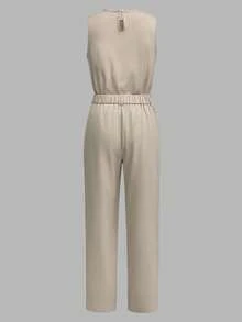 Women's Elegant 2 Pieces Set - Sleeveless Top With Tapered Leg Pants In Light Khaki, Minimalist Fashion Suitable For Daily Commute, Spring/Summer - Light Khaki - View 3