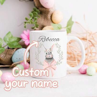 Customized Personalized Easter Mug: Rabbit Bow Design, Easter Gift, Personalized Name Cup, Romantic Easter Gift For Boyfriend, Girlfriend, Him, Her