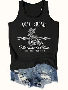 Graphic Print Tank Top, Sleeveless Casual Top For Summer & Spring, Women's Clothing - 黑色 - 查看 1