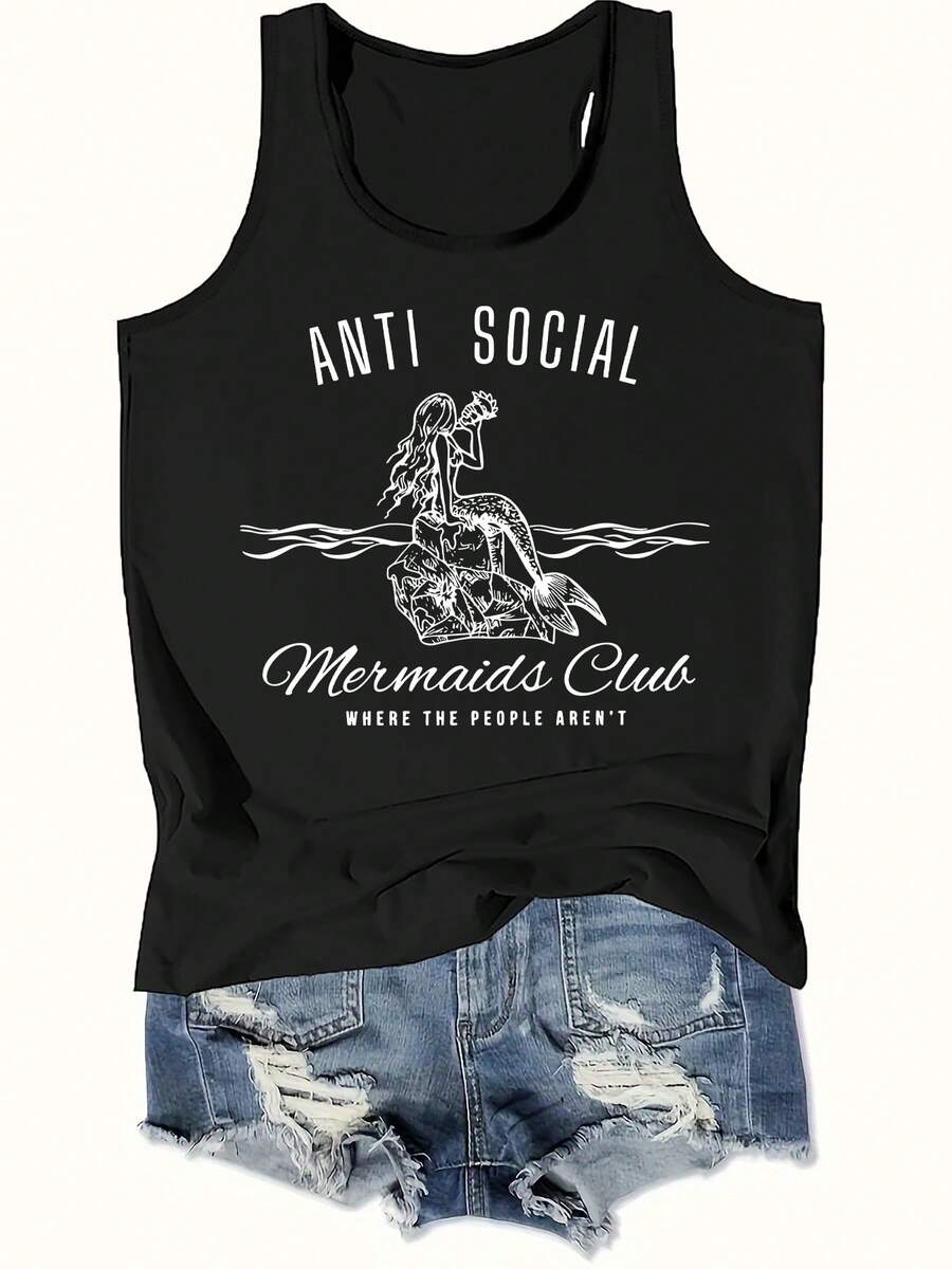 Graphic Print Tank Top, Sleeveless Casual Top For Summer & Spring, Women's Clothing - 黑色 - 查看 1