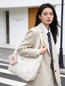 XD 1+1套装，帆布手提包，大容量单肩包+时尚迷你钱包 - 时尚女士单肩手提包，内部空间充足，设计独特 - 非常适合日常使用和旅行 - 米色 - 查看 5