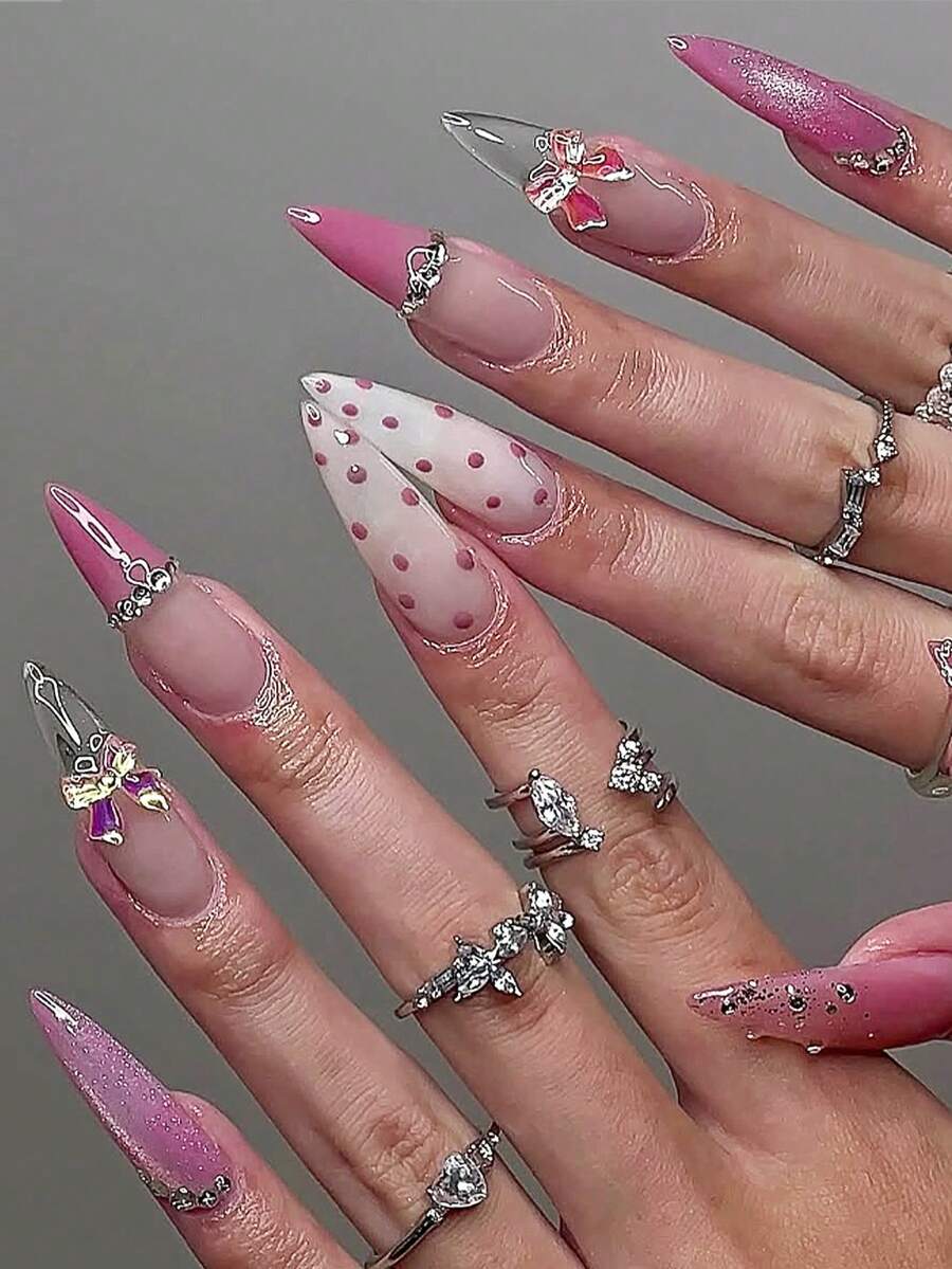 24pcs French Tip Press On Nails Long Almond Press On Nails Cat Eyes With 3D Aurora Bows Stiletto Decoration Dot Pattern Rhinestone Design Fashion Sweet Y2K Style Surface Glossy Full Cover Fake Nails For Women And Girls Daily Wear - Multicolor - View 1