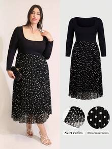 ELLERISSA Plus Size Elegant Polka Dot Print Pleated Midi Dress For Women, Soft Fitted Top Long Sleeves And Pleated Skirt, Dress For Office Wear Or Commuting, Formal Dress, Date Night Dress, Autumn/Winter Women Dress