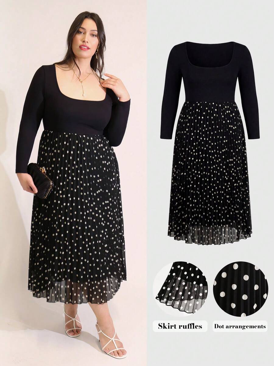ELLERISSA Plus Size Elegant Polka Dot Print Pleated Midi Dress For Women, Soft Fitted Top Long Sleeves And Pleated Skirt, Dress For Office Wear Or Commuting, Formal Dress, Date Night Dress, Autumn/Winter Women Dress
