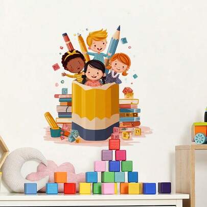 趣味十足的2D平面铅笔墙贴，饰有彩色书籍、铅笔和男孩女孩图案，采用自粘可移除PVC材质，适用于客厅、卧室、婴儿房、儿童房、教室装饰，一次性使用。