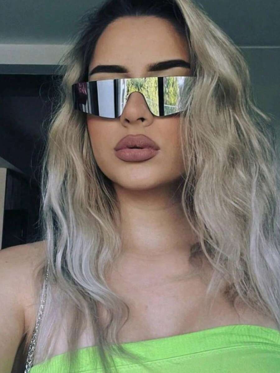 Gafas rectangulares sin marco unisex, estilo futurista punk Y2K, adecuadas para ciclismo, decoración, fiestas, viajes, deportes de motocicleta. Gafas reflectantes, ligeras y de moda, para mujeres/hombres - Plateado - Ver 1
