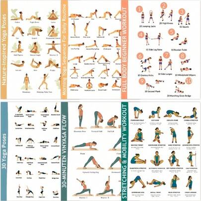 [2D/PLANO] 6 carteles de ilustración de posturas de yoga, instrucciones de posturas de yoga para principiantes, 8" X 10" sin marco, adecuado para gimnasio, sala de deportes, estudio de yoga y otros lugares de fitness, gran regalo para entusiastas del yoga