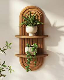 Boho Wall Decor Brown Plant Wall , 2-Tier Wooden Floating Shelves - 棕色 - 查看 1