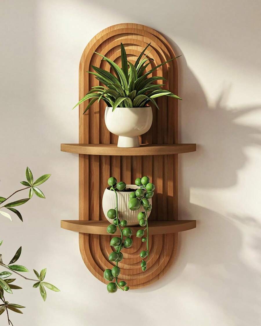 Boho Wall Decor Brown Plant Wall , 2-Tier Wooden Floating Shelves - 棕色 - 查看 1