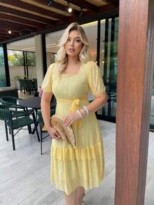 Elegant Women's Casual Dress, Fabric, Hem With Ruffle, Knot, Pleated, Women's Evening Wedding Dress - 黃色 - 查看 3