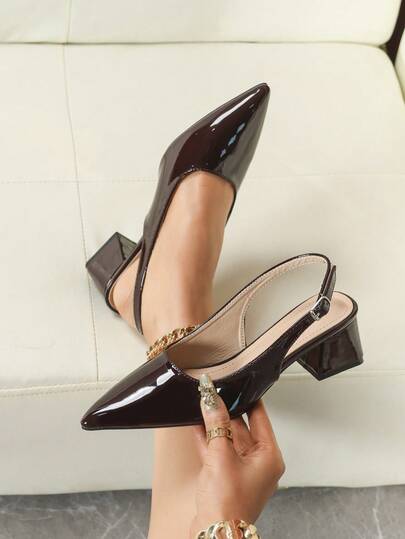 Women's High Heel Pumps, Fashion Patent Leather Autumn Shoes, Casual Backless Pumps For Work, Elegant Mary Jane Style Shoes, Chic French Slip-On Pointed Toe Shoes