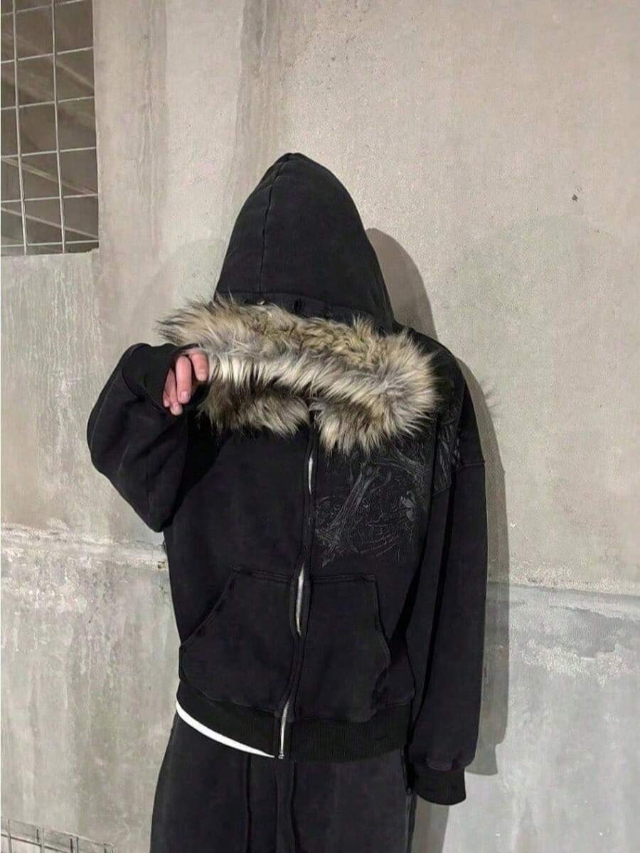 Men's Y2K Retro High Street Sweater Puffy Hood Print Unisex Streetwear Fashion Essential - màu đen - Xem 1