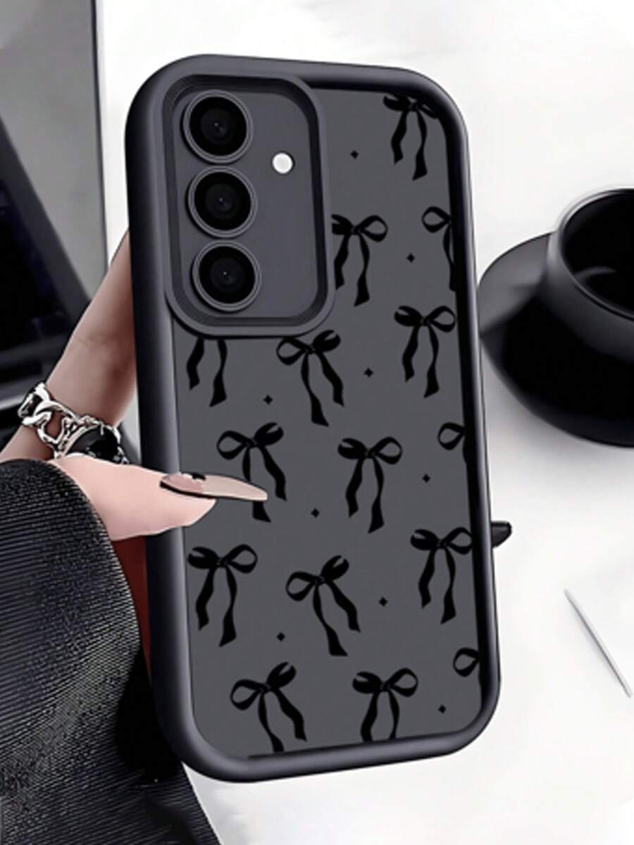 1pc Black Bow Tie Anti-Drop Phone Case, Thick Anti-Slip Protective Cover Compatible With IPhone 17 Series, , Honor, , Redmi, Galaxy, - Black - View 1