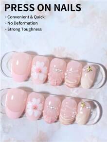 24pcs Short Oval 3D Gel Nail Stickers, Create Pearl Flower Nail Art, French Acrylic Press-On Nails, Short Size Perfectly Fit False Nails Set, Includes: 1pc Jelly Gel And 1pc Nail File, Easy To Wear, French Nail Stickers Suitable For Women And Girls For Daily, Party And Other Occasions - 彩色 - 查看 3