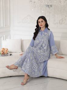 2026 New Style Elegant Embroidered Beaded Arabic Women's Dress JALABIA, Square Collar Long Sleeve, Fashion Creative Graceful - Blue - View 9