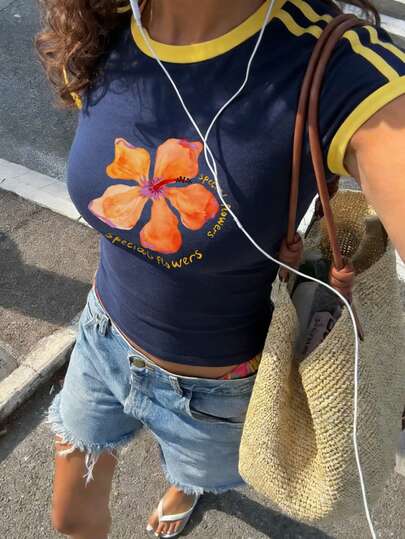 Women's Summer New Simple Indigo Contrast Yellow Edge Watercolor Floral Print Casual Round Neck Short Sleeve T-Shirt, Fashionable & Versatile