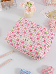 1件/套粉色格子草莓图案绗缝大容量女士化妆包，旅行化妆包，女孩化妆品收纳包，化妆包护肤包洗漱包，卫生棉条收纳包卫生巾收纳包，可收纳口红、化妆刷、护肤品、手机、零钱、小物件，适合居家、旅行、度假和上学使用，也可作为婚礼伴娘礼物、妈妈礼物、生日礼物、朋友礼物等。化妆品收纳洗漱旅行包 - 彩色 - 查看 6