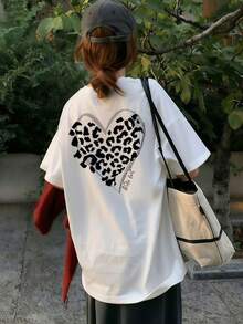 Women's Casual Round Neck Loose Fit Heart & Leopard Print Letter Graphic Short Sleeve T-Shirt, Spring/Summer - White - View 3