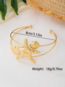 1pc , Beach Vacation Style Metal Starfish & Golden Shell Open Cuff Bracelet, Suitable For Parties, Beach Gatherings, Summer Outings, Casual Holidays - Golden - View 2