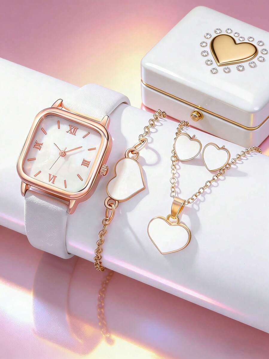 SOKI SOKI 1 set Montre femme avec bracelet en PU, montre à quartz décontractée, assortie à un collier en forme de cœur, des boucles d'oreilles et un bracelet. Convient pour un port quotidien, un cadeau d'anniversaire, une fête, un rassemblement de vacances. Cadeau idéal pour vous-même ou vos amis. Aucune boîte d'emballage incluse.