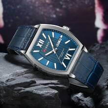 CURREN Men's Fashion Quartz Waterproof Barrel Dial Calendar Luminous Leather Strap Wrist Watch, Gift - Multicolor - View 6