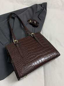 New Crocodile Embossed Handbag With Accessories - Brown - View 7