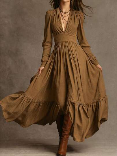 Spring & Autumn Women's Dress, Bohemian Style, Long Dress, Waist Cinched Design, Loose Skirt, Solid Color, Long Sleeve, Deep V-Neck, Suitable For New Year Party, Road Trip, Music Festival, Retro Theme Party, And Western Wedding