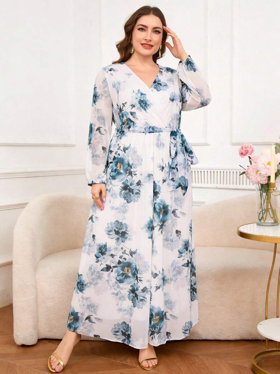 DEARCASE Plus Size Elegant Printed Lantern Sleeve A-Line Dress Vacation - Multicolor - View 1