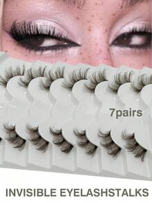 7 Pairs Brown Lightweight Cat Eye Lashes, One-Piece Transparent Band Faux Mink Lashes, Fluffy Thick Natural Curly D-Curl, Suitable For Daily Wear, Travel Essential, Reusable - Brown - View 1