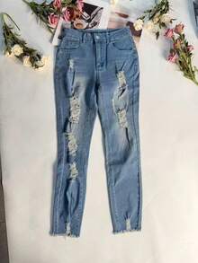 女士休闲蓝色破洞牛仔裤，带口袋和水洗细节，长款直筒裤型，中等弹力 - 藏蓝色 - 查看 4