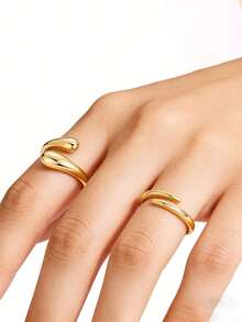 2 chiếc nhẫn thép không gỉ hình giọt nước tối giản, có thể điều chỉnh kích thước, phù hợp để đeo hàng ngày cho nữ. - Vàng-2 - Xem 4