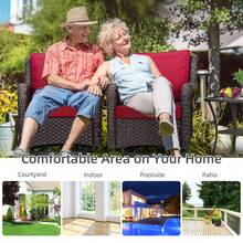 Set de Patio de Mimbre con Sillas Giratorias y Mesa Lateral, Juego de Exterior con Mecedora 360° y Mesa de Vidrio Templado - Rojo - Ver 7