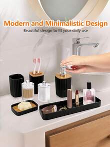 Bathroom Accessories Set, 10-Piece Bathroom Set, Black Bathroom Accessories With Slim Trash Can, Soap Dispenser, Toilet Brush, Toothbrush Set, Qtip Holders Vanity Tray Tissue Box Cover - Multicolor - View 7