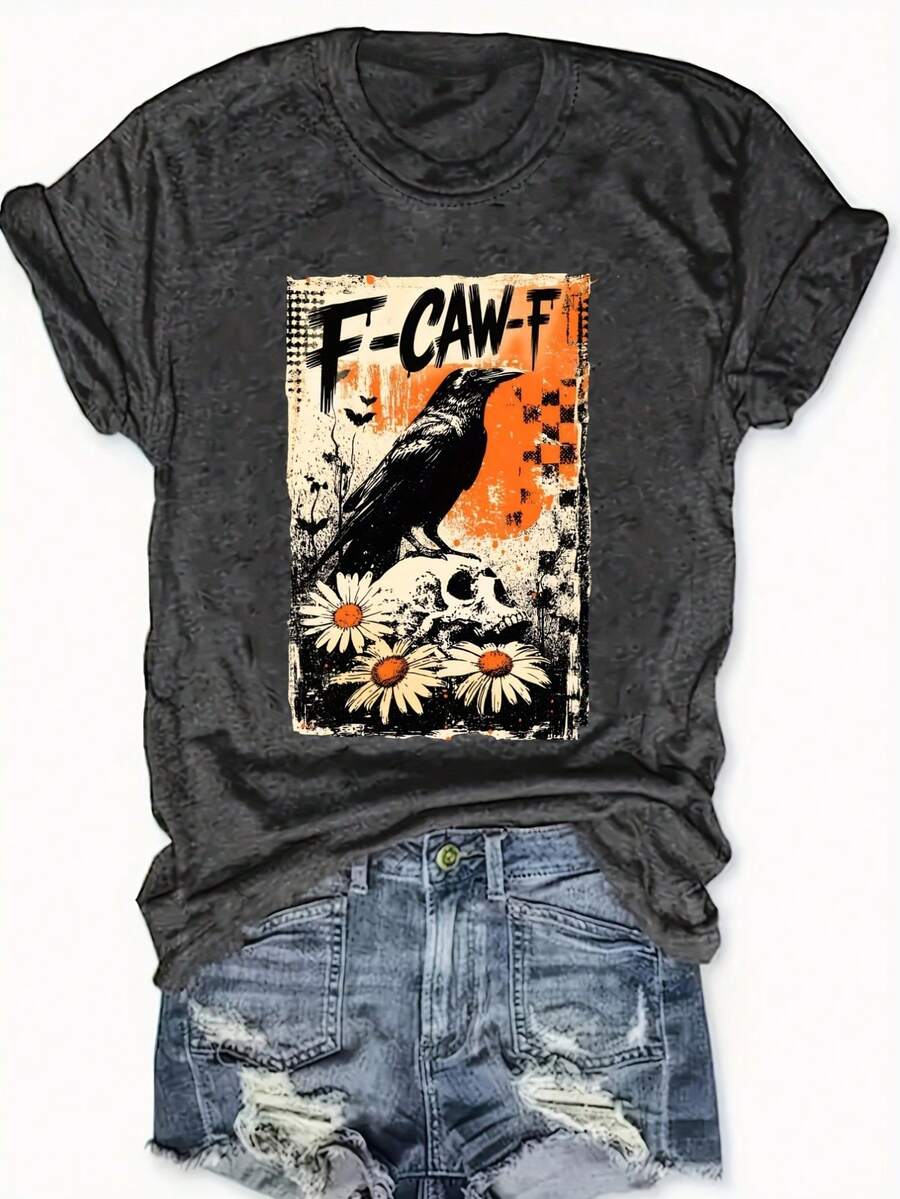 Women'S Gothic Crow & Daisy Skull Print T-Shirt - Round Neck Short Sleeve Soft Comfortable Casual Top With FCAWF Lettering& Everyday Shirt For Women - 深灰色 - 查看 1