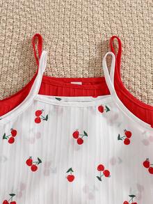 Bộ đồ hè thường ngày in hình quả anh đào 2 món cho bé gái, gồm áo hai dây và quần short, màu đỏ trơn, chất liệu gân. - Nhiều màu - Xem 3