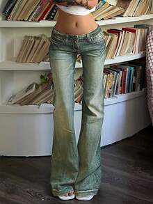 Valentine's Day Women's Flare Jeans Y2K 90s Bootcut Mid Rise Vintage Pants Denim Pants Bell Bottoms Spring Clothes - 藍綠色 - 查看 3