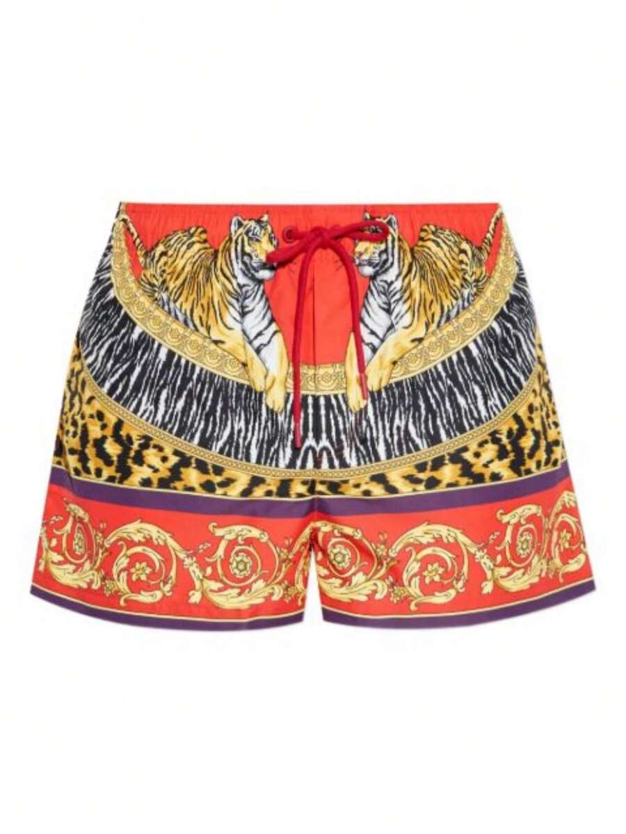 Vibrant Color-Block Animal Shorts With Layered Pattern & Contrast Drawstring - 彩色 - 查看 1