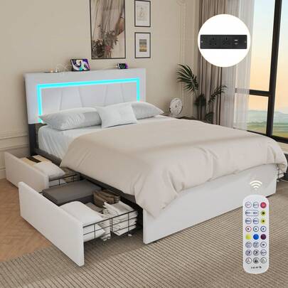 Upholstered Bed Frame With Storage, 4ft6 Double Bed With LED-Lighting & Charging Station, Storage Bed With Soft Cushion Headboard & 4 Drawers, Beige, 135x190 Cm (No Mattress)
