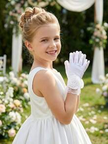 1 双 3-10 岁儿童缎面光滑弹力白色大玫瑰花手套 - 缎面花童手套，适合女孩选美、芭蕾舞表演、公主生日和婚礼，超柔软 - 1Pair - 查看 9