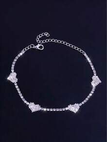 1pc Double Heart Rhinestone Anklet, Sparkling Foot Jewelry Suitable For Beach, Vacation, And Daily Wear - Silver - View 2