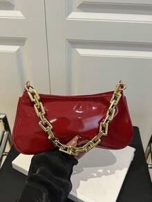 1个金属金色链条装饰腋下法棍包 - 酒紅色 - 查看 7